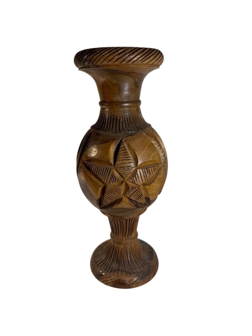 Hand Carved Olive Wood Vase Urn Decorative Intricate Star & Wave Pattern 7.5"